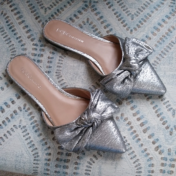 BCBGeneration Shoes - BCB Generation Silver Metallic Knotted Pointed Toe Slide Flats Shoes Size 7